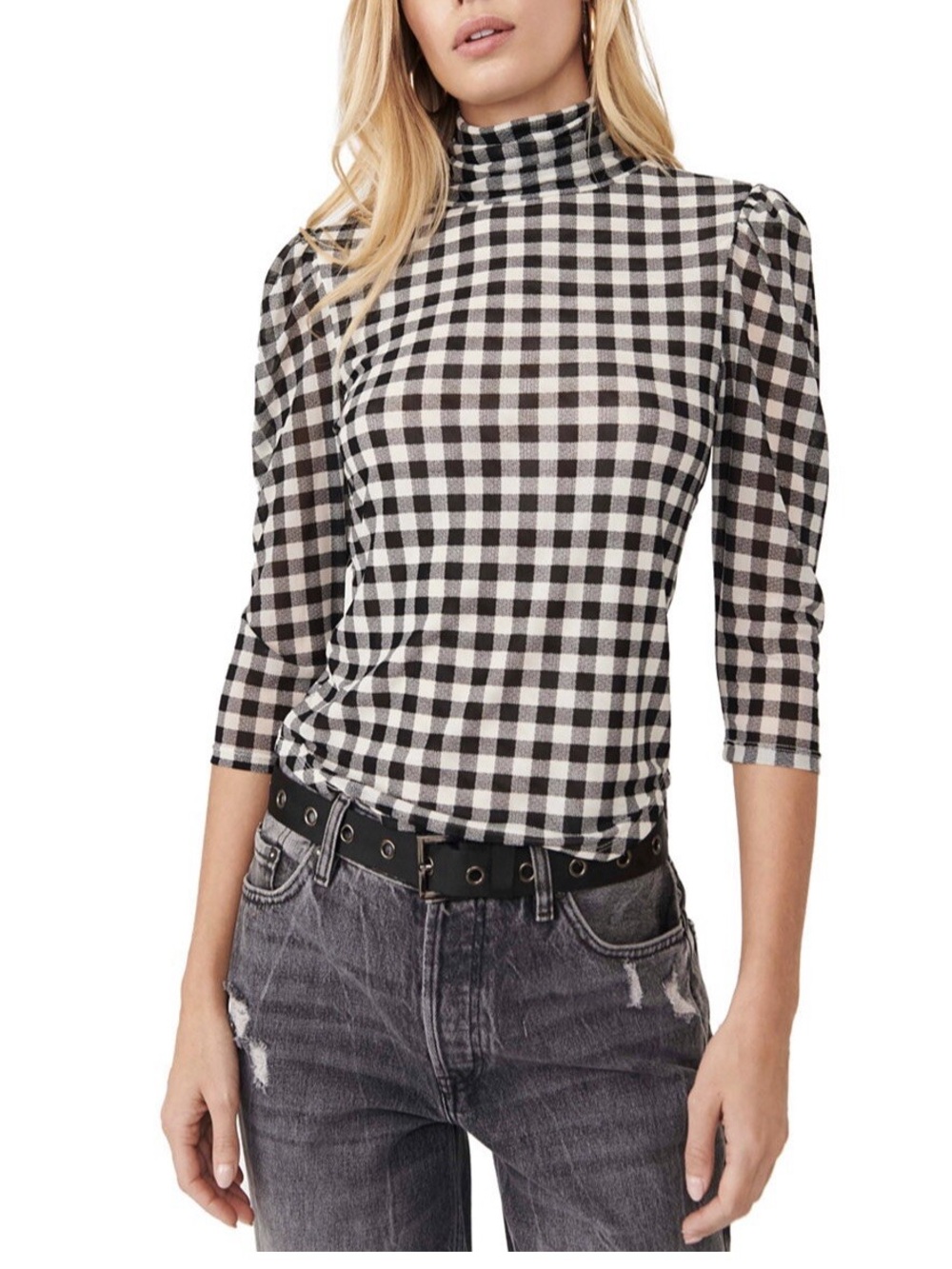Free People Gather Turtleneck Top Black White Gingham Buffalo Plaid Mesh Size XS